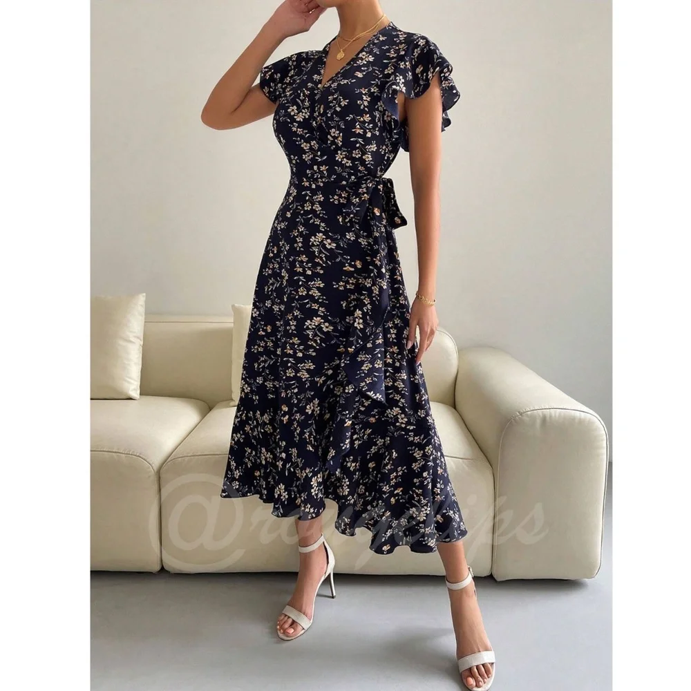 Boho Navy Blue Floral V neck Ruffle Hem Midi Length, A Line Wrap Style - Picture 4 of 10
